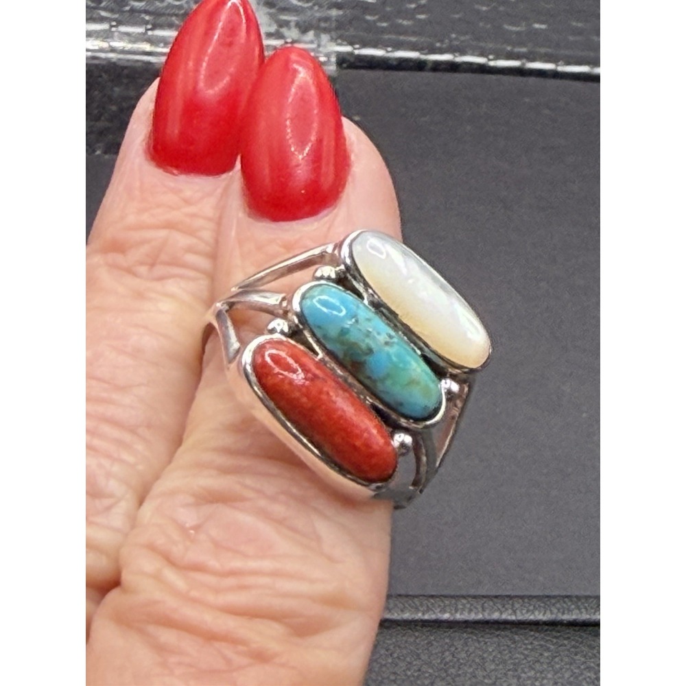 New Condition Sterling Silver Turquoise Coral Mother Of Pearl Ring Size 10 J19 - Picture 9 of 10